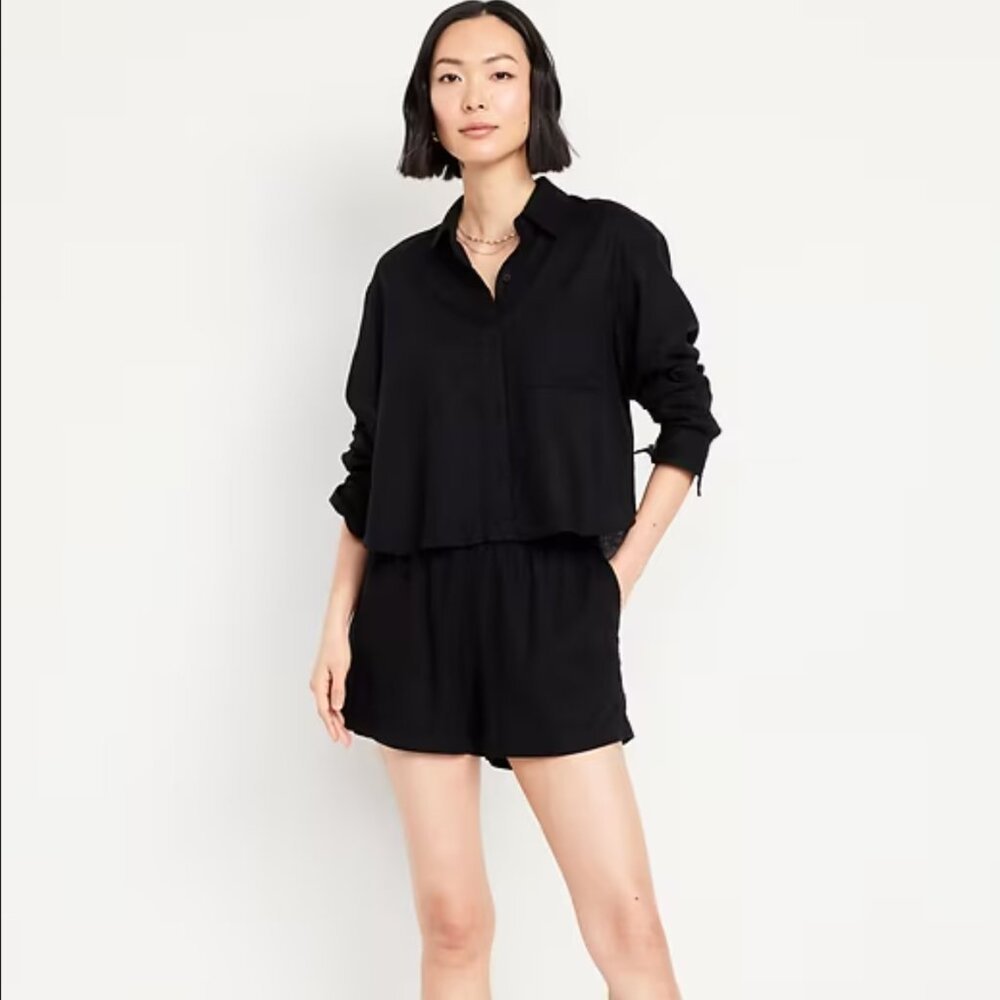 Black High-Waisted Linen-Blend Shorts -- 3.5-inch inseam